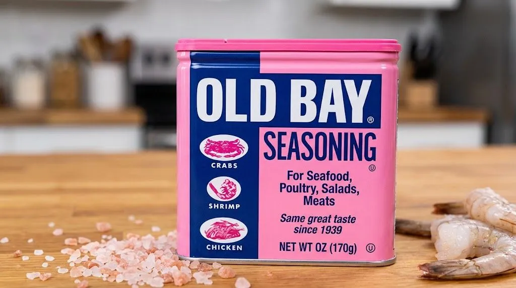 Pink and blue Old Bay seasoning container beside seafood ingredients