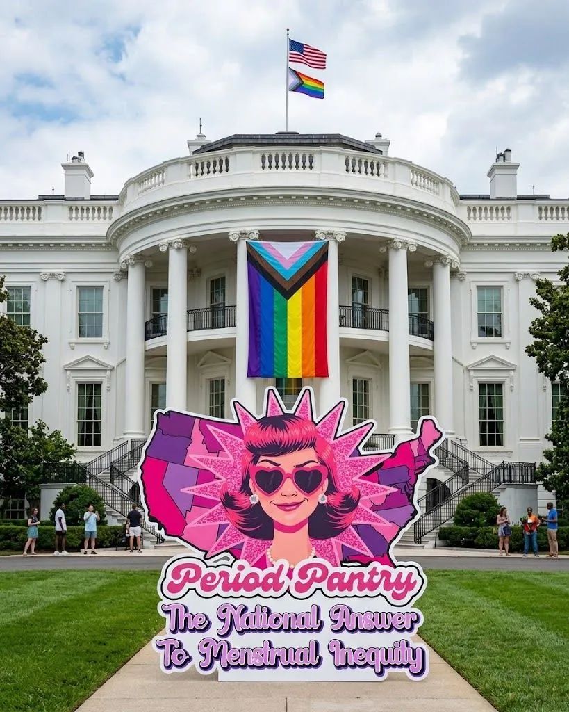 The Period Pantry logo displayed in front of the White House with Pride flags.