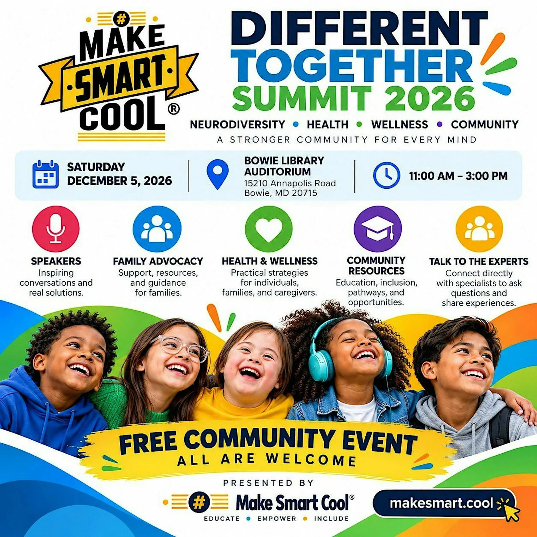 Flyer for The Different Together Summit 2026 at Bowie Library Auditorium on December 5, 2026