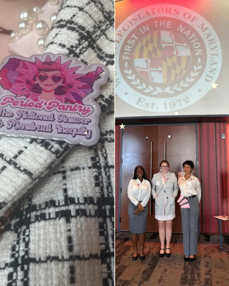 Three community members standing together at an event beneath a Maryland seal, alongside a Period Pantry pin.