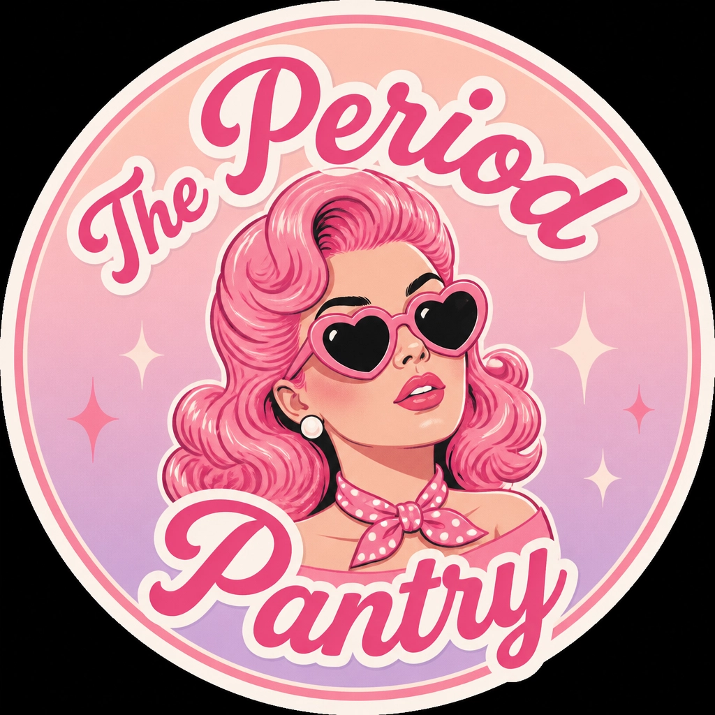 The Period Pantry retro logo with a pink-haired woman in heart-shaped sunglasses